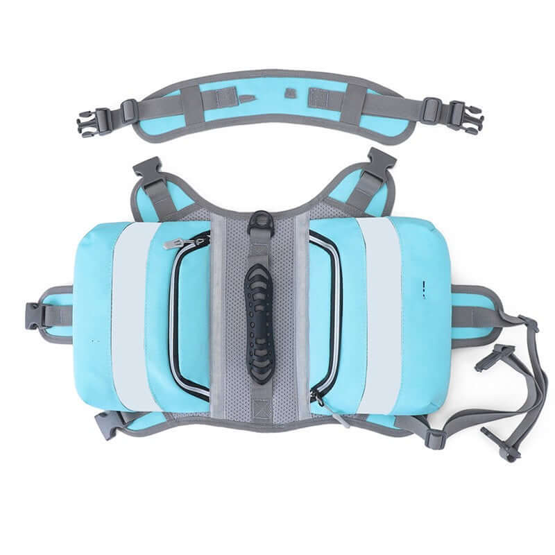 Outdoor Large Dog Backpack For Pets in light blue color, showcasing the adjustable straps and storage pockets.