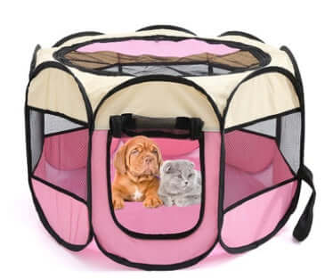 Folding Octagonal Pet Fence Oxford Cloth Cat And Dog Kennel with dog and cat inside.