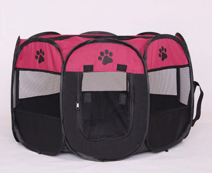 Folding Octagonal Pet Fence Oxford Cloth Cat And Dog Kennel in black and pink with mesh panels.