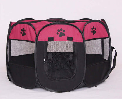 Folding Octagonal Pet Fence Oxford Cloth Cat And Dog Kennel in black and pink with mesh panels.