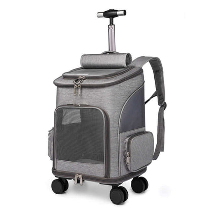 Portable Folding Trolley Pet Backpack Traveling Cat Backpack With Universal Wheel Trolley Pet Bag in grey with wheels.