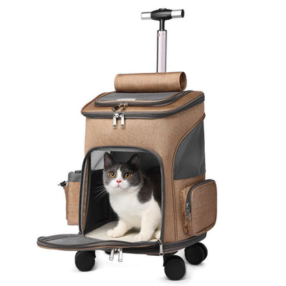 Portable Folding Trolley Pet Backpack Traveling Cat Backpack With Universal Wheel Trolley Pet Bag with cat inside.