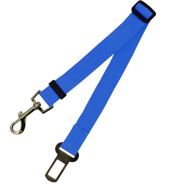 Fixed Strap Polyester Dog Strap Dog Leash Dog Leash in blue color with metal clip and seatbelt connector.