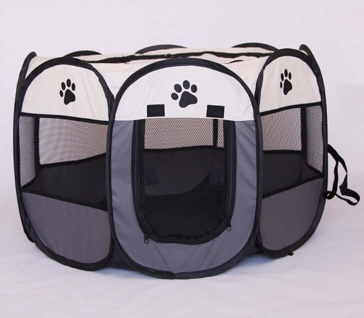 Folding Octagonal Pet Fence Oxford Cloth Cat And Dog Kennel with mesh panels and paw prints design