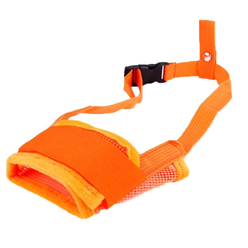 Adjustable Mask For Pets Without Biting in bright orange color, featuring breathable mesh and adjustable straps.