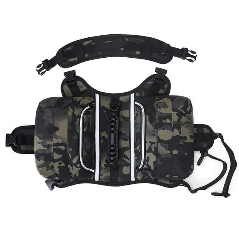Outdoor Large Dog Backpack For Pets in night camouflage design with adjustable straps.