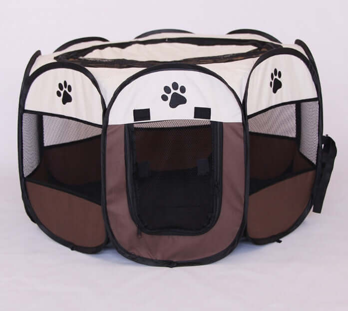 Folding Octagonal Pet Fence Oxford Cloth Cat And Dog Kennel with mesh and paw print design.