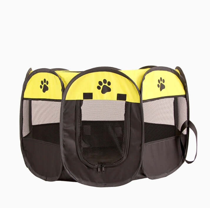 Folding Octagonal Pet Fence Oxford Cloth Cat And Dog Kennel in yellow and black, perfect for outdoor use.