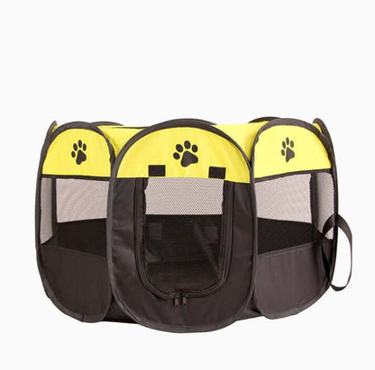 Folding Octagonal Pet Fence Oxford Cloth Cat And Dog Kennel in yellow and black, perfect for outdoor use.