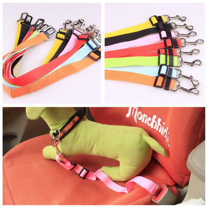 Fixed Strap Polyester Dog Strap Dog Leash Dog Leash in various colors displayed on a car seat with a dog.