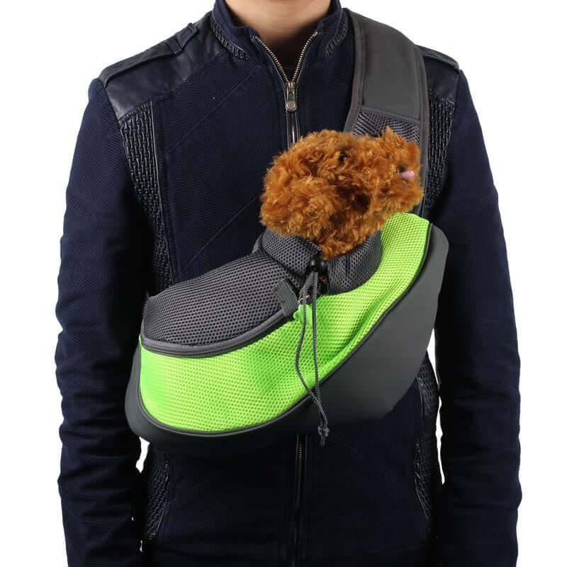 Pet Backpack designed for small pets, featuring a vibrant green color and comfortable shoulder strap.