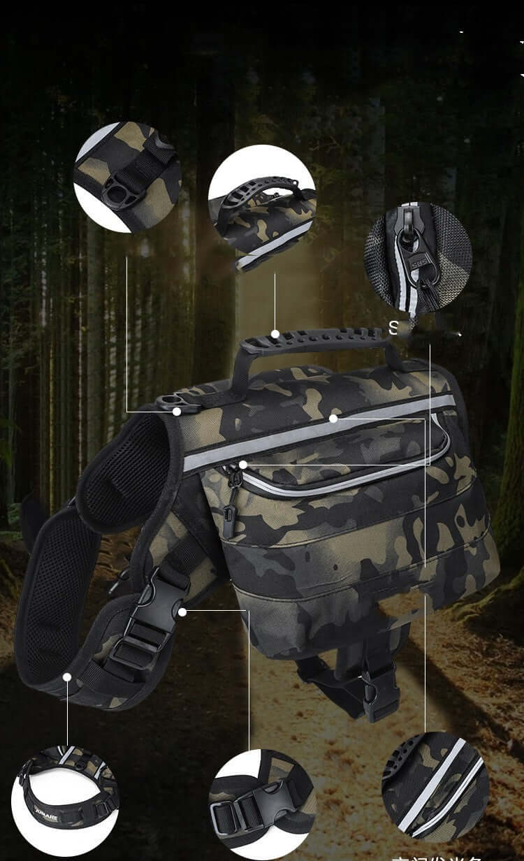 Outdoor Large Dog Backpack For Pets in night camouflage design with adjustable straps and compartments.