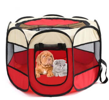 Folding Octagonal Pet Fence Oxford Cloth Cat And Dog Kennel with dogs and cats inside the enclosure.