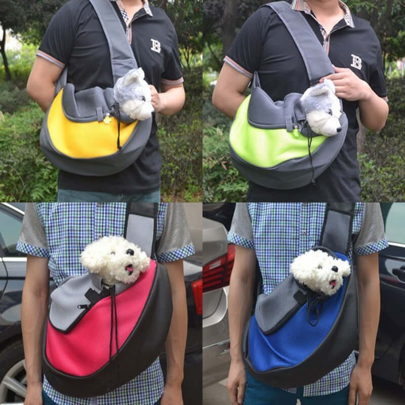 Pet Backpack in various colors, featuring a plush dog toy, demonstrating pet carrying options.
