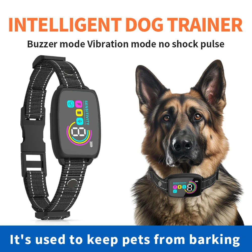 Smart Automatic Anti Barking Dog Collar Rechargeable Bark Stopper Stop Barking HD Digital Display IP67 Waterproof Collar For Dogs Pet Products on a dog.