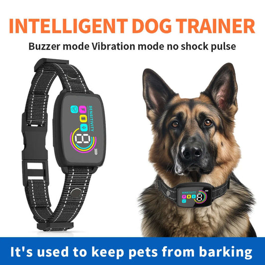 Smart Automatic Anti Barking Dog Collar Rechargeable Bark Stopper Stop Barking HD Digital Display IP67 Waterproof Collar For Dogs Pet Products on a dog.
