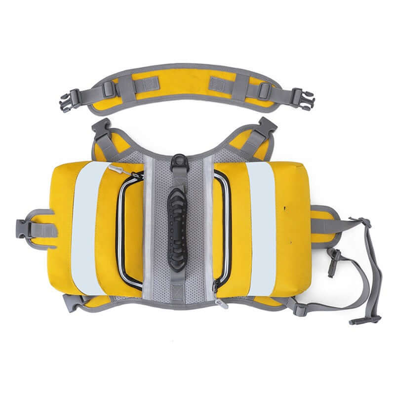 Outdoor Large Dog Backpack For Pets in vibrant yellow with reflective strips and adjustable straps.