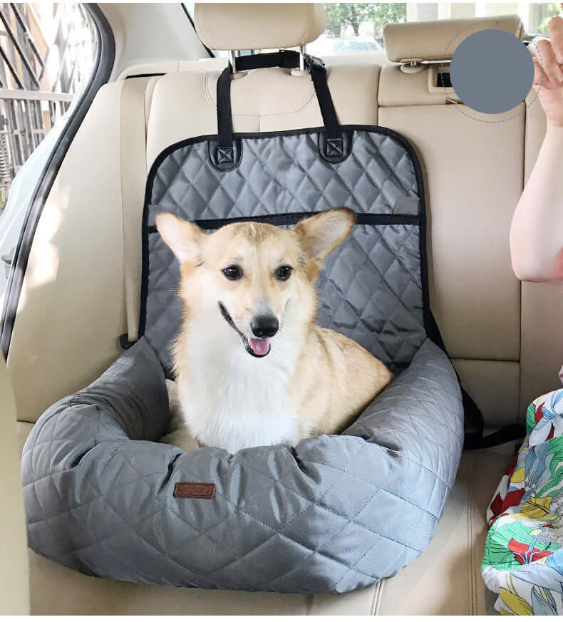 2 In 1 Pet Dog Carrier Folding Car Seat Pad Thickened Multi-purpose Pet Bed Dog Car Mattress Pets Supplies in grey with a happy corgi.