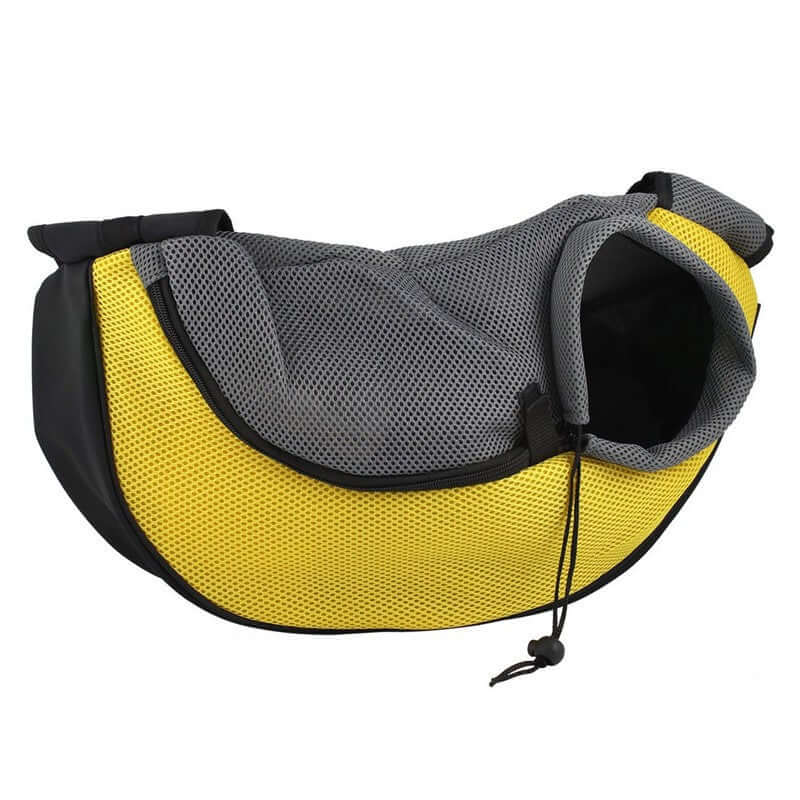 Pet Backpack in gray and yellow mesh fabric for small pets, comfortable and breathable design.