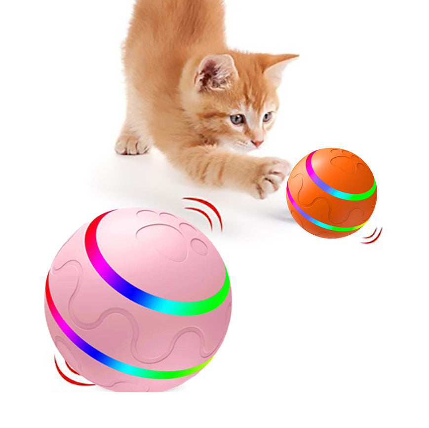 Cat playing with Intelligent Cat Wicked Ball Toy, colorful interactive automatic toy for pets.