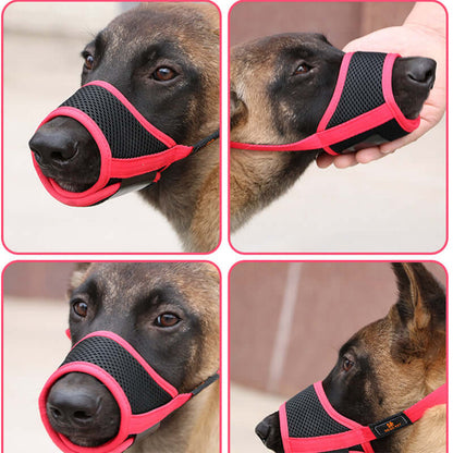 Adjustable Mask For Pets Without Biting shown on a dog, featuring breathable mesh and adjustable fit.