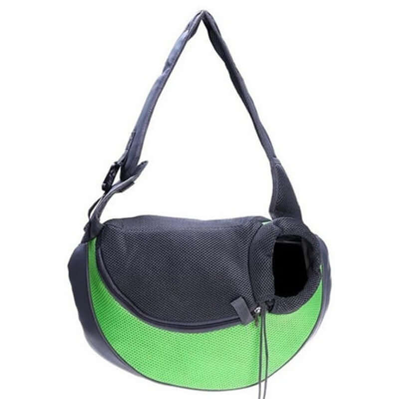 Pet Backpack in green and black fabric with mesh design, ideal for carrying small pets safely.