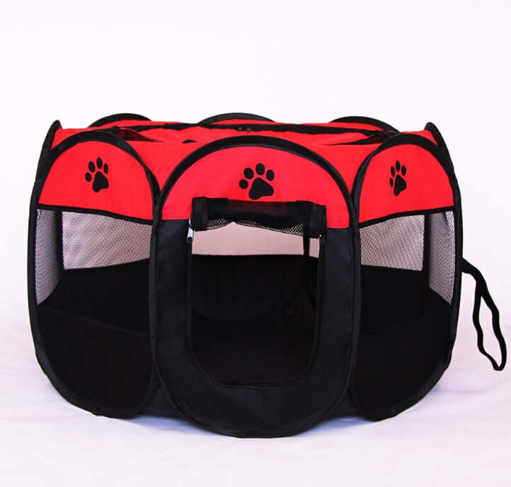 Folding Octagonal Pet Fence Oxford Cloth Cat And Dog Kennel in red and black with mesh sides.