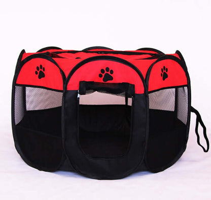 Folding Octagonal Pet Fence Oxford Cloth Cat And Dog Kennel in red and black with mesh sides.