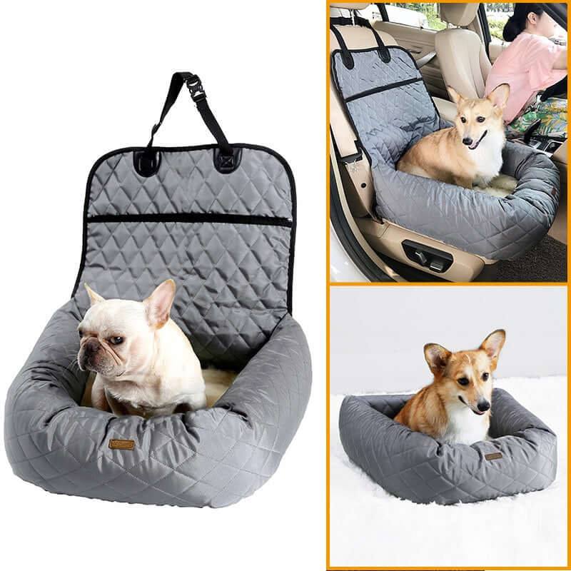 2 In 1 Pet Dog Carrier Folding Car Seat Pad Thickened Multi-purpose Pet Bed Dog Car Mattress Pets Supplies in gray with dogs.