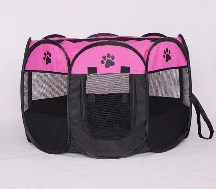 Folding Octagonal Pet Fence Oxford Cloth Cat And Dog Kennel in pink and black with mesh windows and paw prints.