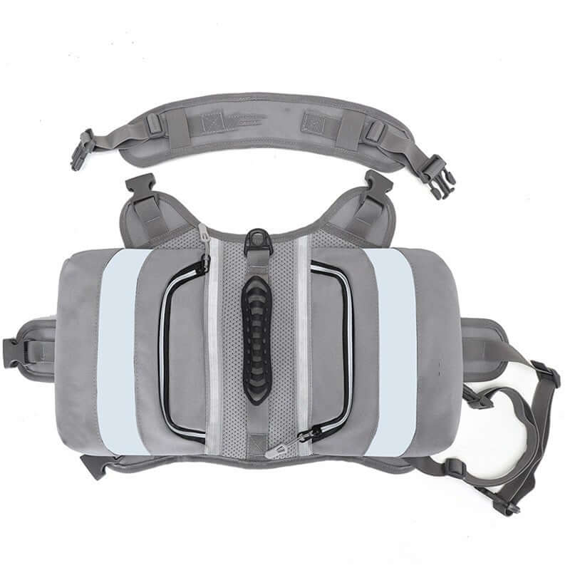 Outdoor Large Dog Backpack For Pets showing gray design, adjustable straps, and compartments for pet essentials.