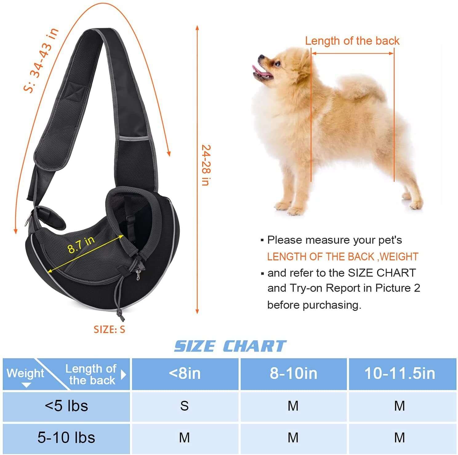 Carrying Pets Bag Women Outdoor Portable Crossbody Bag For Dogs Cats Pet Products size chart and image of a small dog.